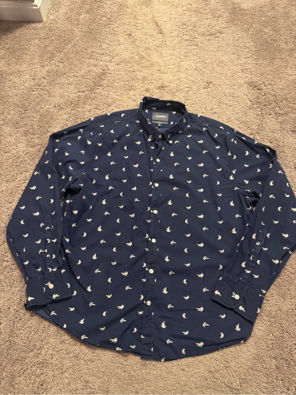 Bonobos Navy Button-Down Shirt with White Banana Print